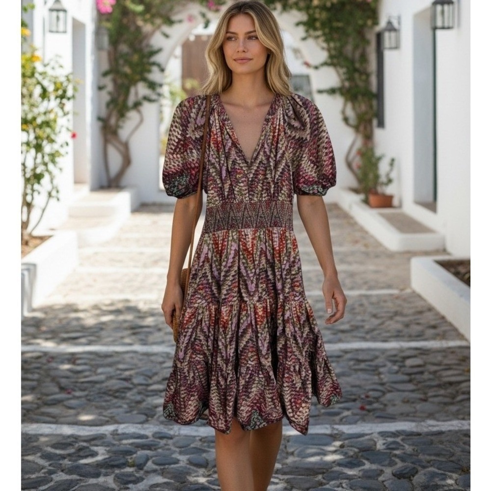 Conditions Apply Multi Color Chevron Smocked Tiered Puff Sleeve Dress Size  4